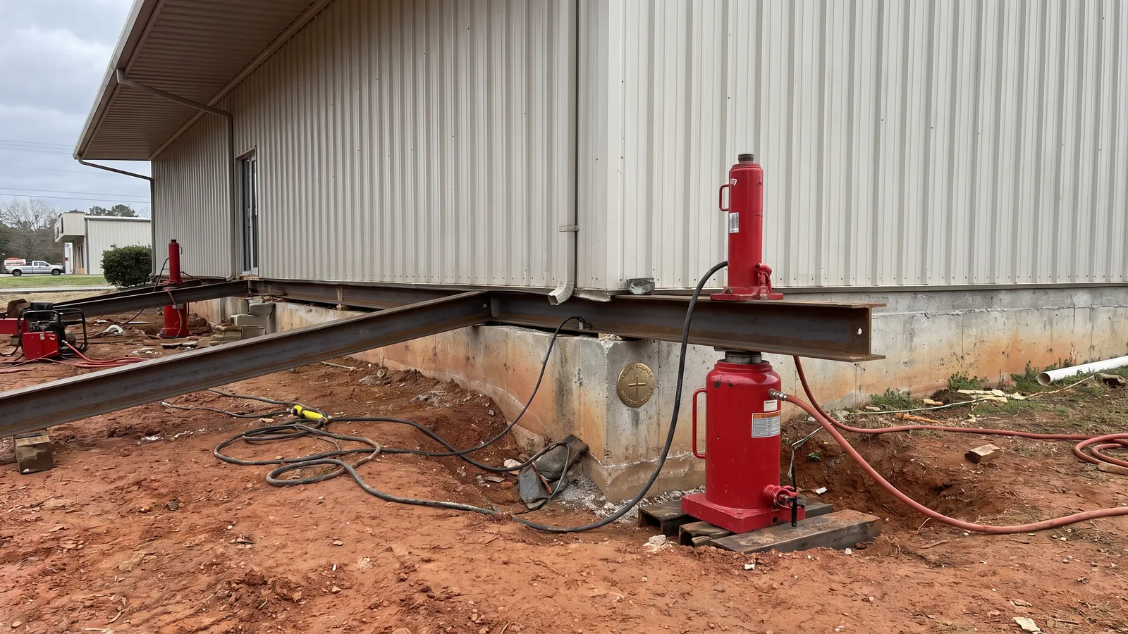 Hydraulic pier lift in progress at the exterior wall of a small metal-sided commercial building in Madison County, Alabama, with a steel beam, jacks and a surveyed benchmark on the wall