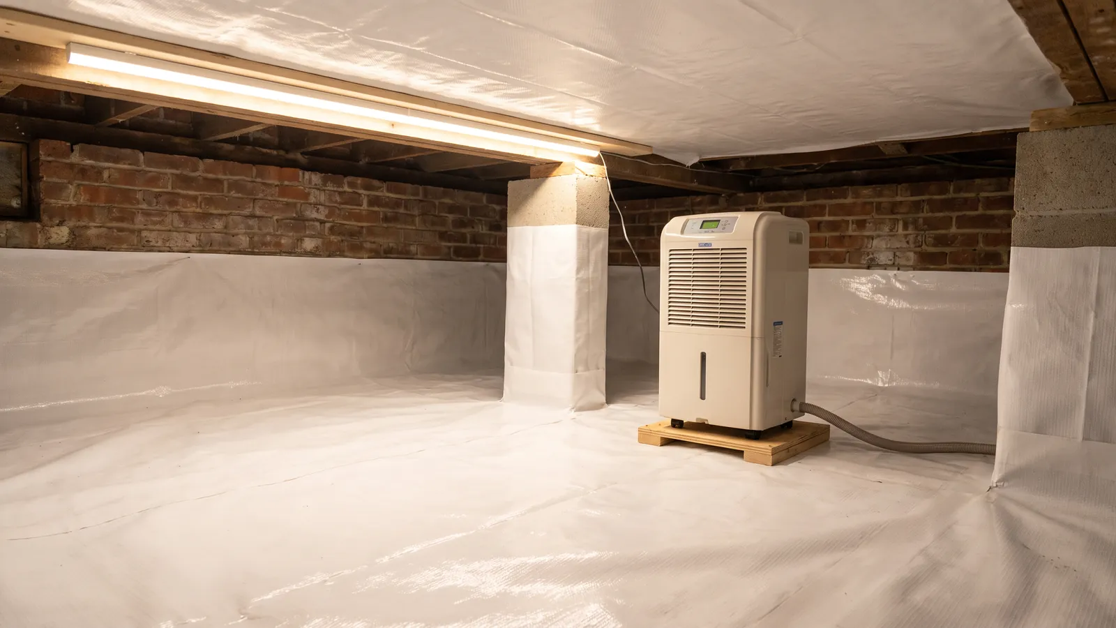 Crawl space under a brick home lined wall to wall with a white reinforced vapor barrier, piers wrapped, a dehumidifier running on a stand and a clean light strip overhead