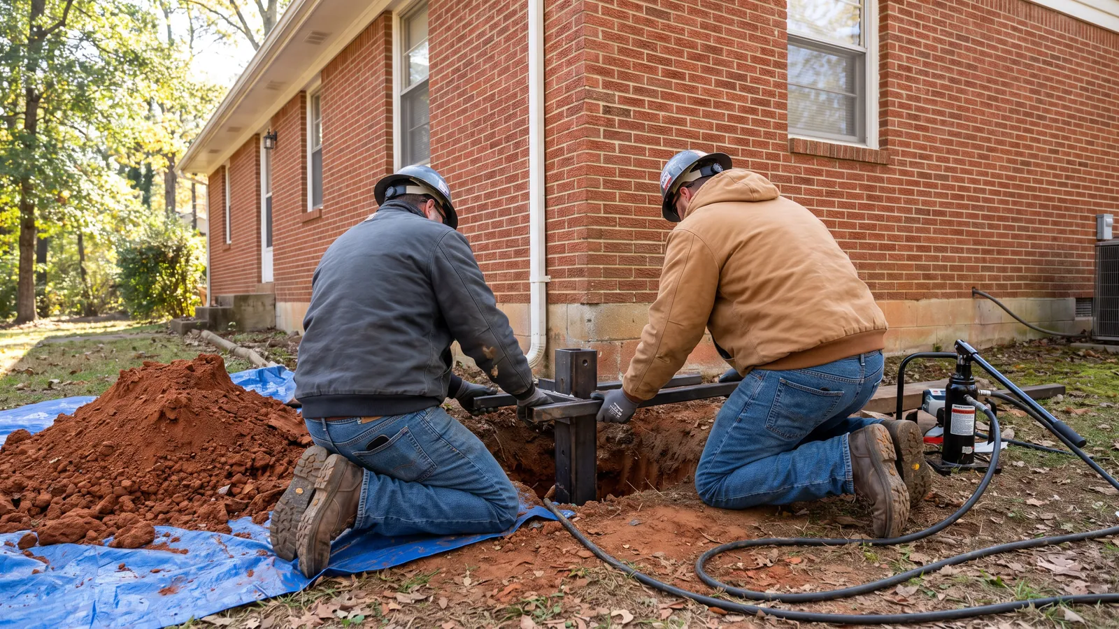 Two technicians kneeling at an excavated corner of a red-brick ranch home in Huntsville, Alabama, guiding a steel push pier bracket under the footing, red clay spoil piled on a tarp and a hydraulic ram beside them
