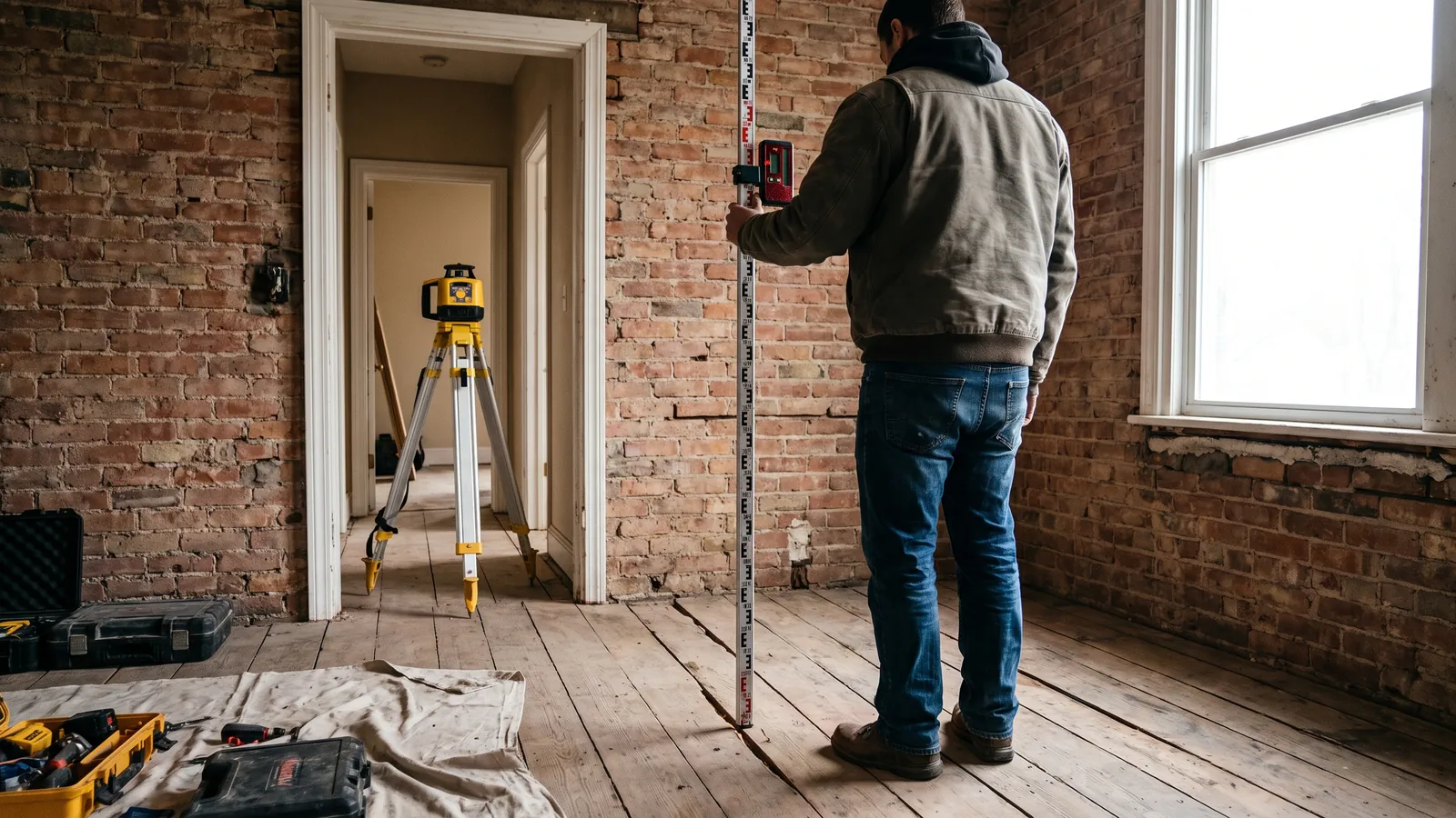 Technician holding a laser receiver on a rod in the living room of a brick home, a rotating laser level on a tripod in the hallway, measuring floor elevations before a leveling job