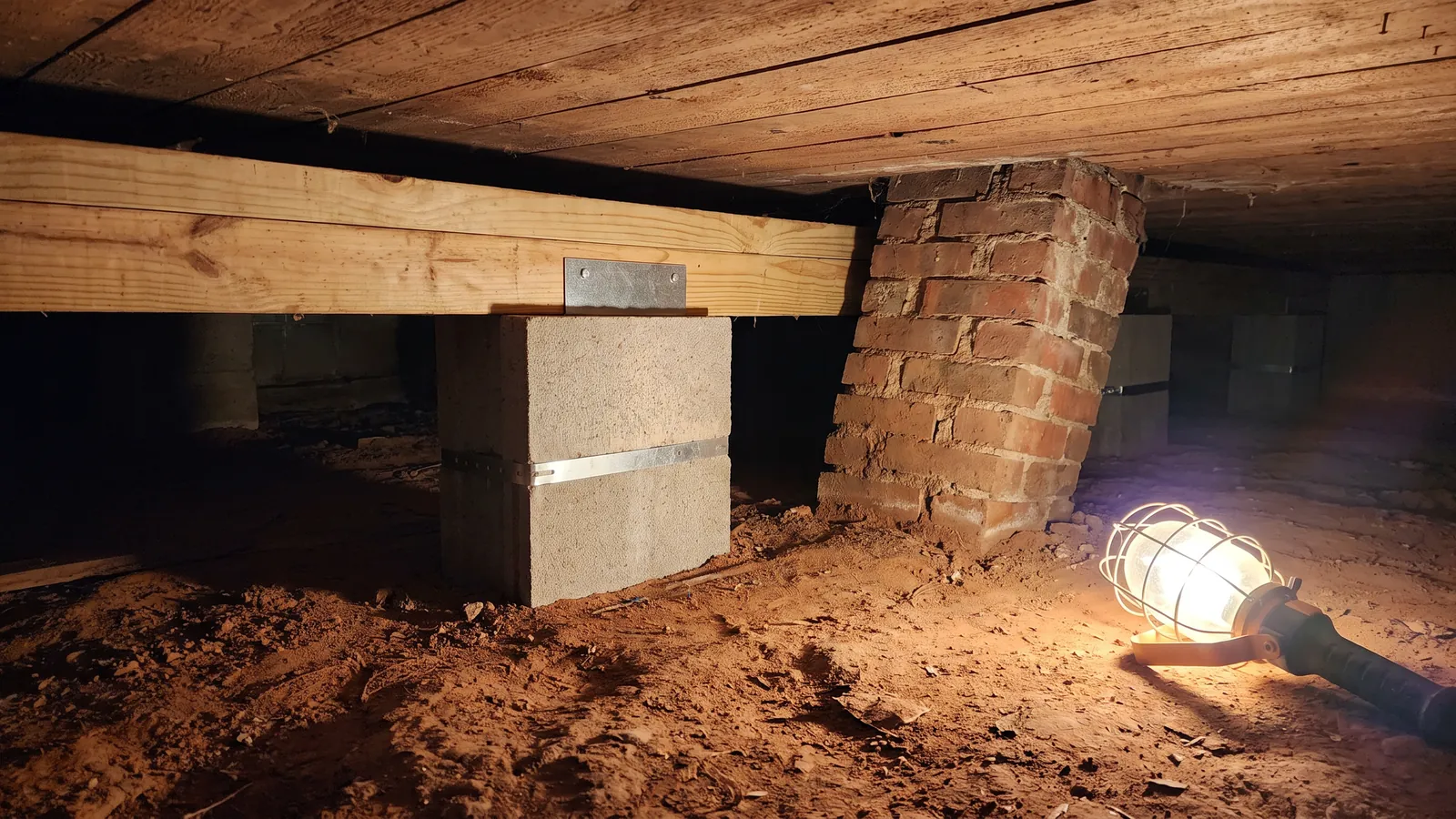 Under a 1960s wood-floored house, a new concrete block pier and steel shim supporting a sistered floor joist beside an older leaning brick pier on dry red clay
